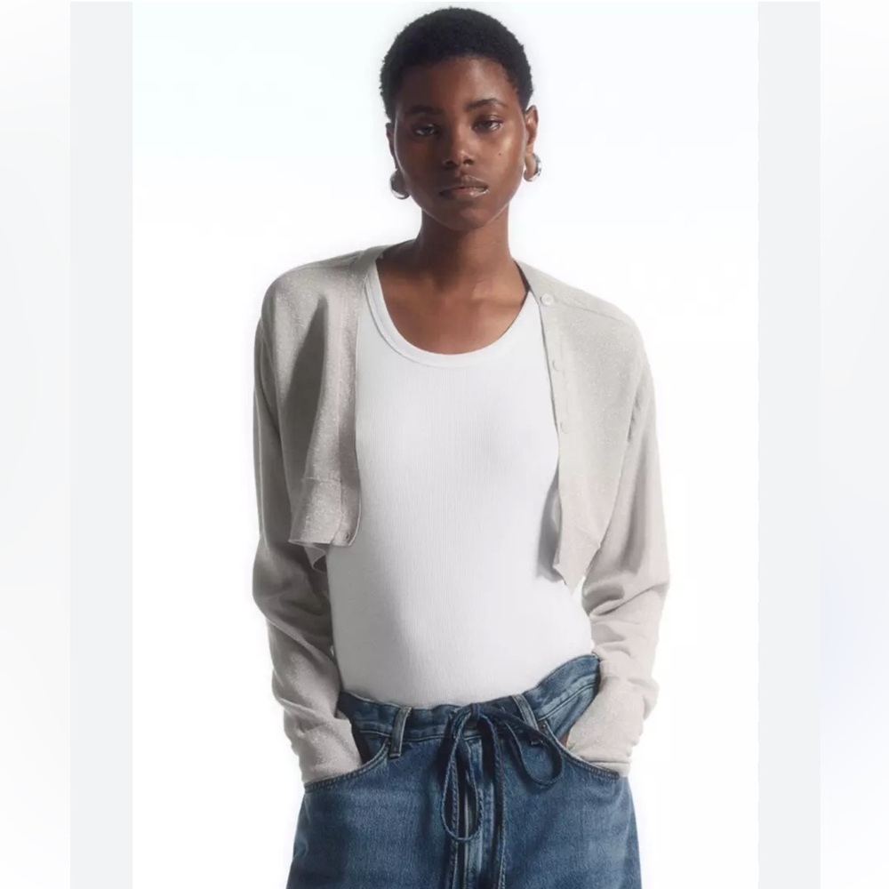 COS Cropped Wool Blend Cardigan Beige Metallic Size M